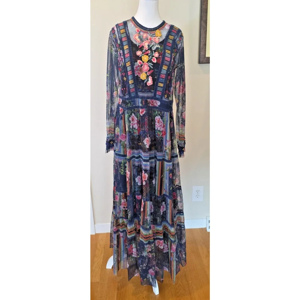 Biya Johnny Was Dayana Mesh Maxi Dress Embroidered Floral Patchwork Slip M Boho